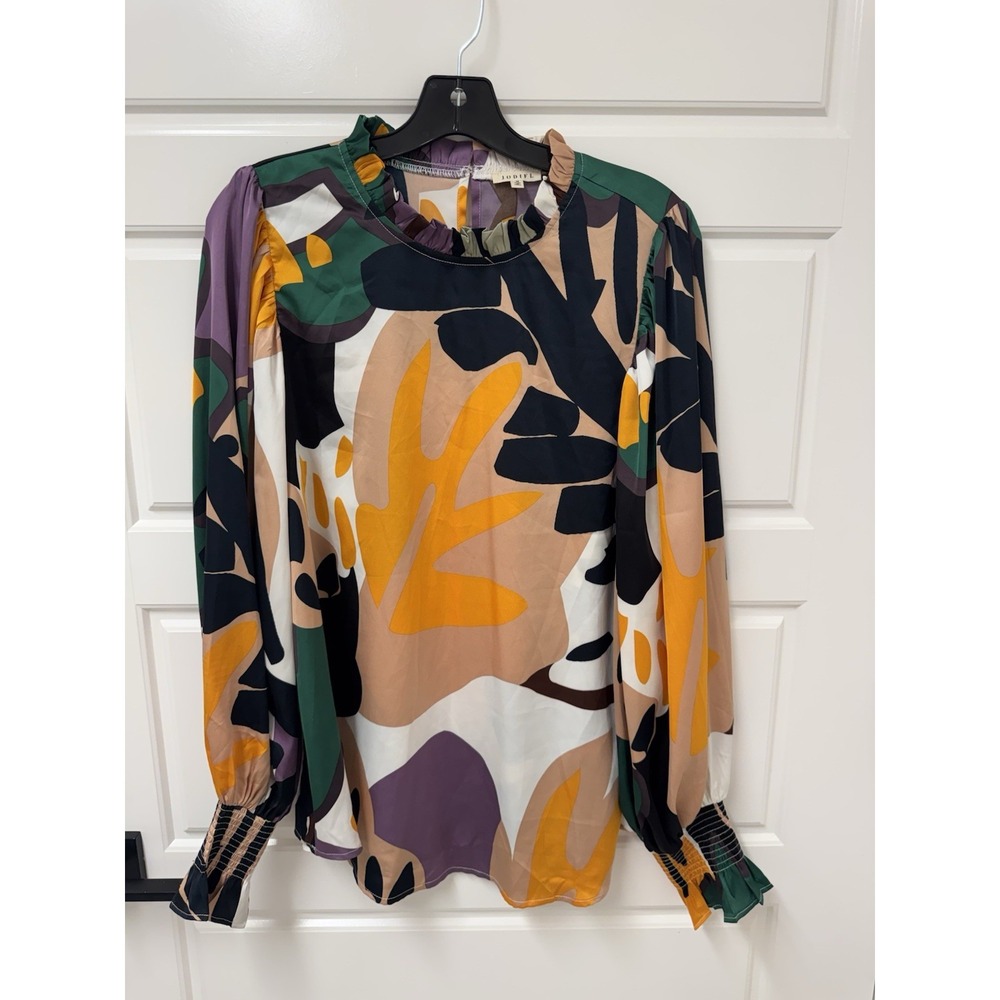 Jodifl Artsy Colorful Blouse Medium High Neck Smocked Cuffs Balloon Sleeve Top
